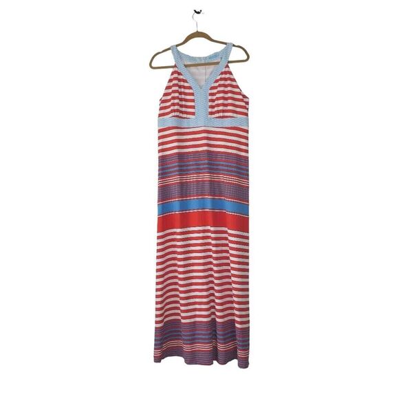 J. McLaughlin Sz L Striped V Neck Maxi Dress High Waist Pink Blue Catalina Cloth - Picture 1 of 8